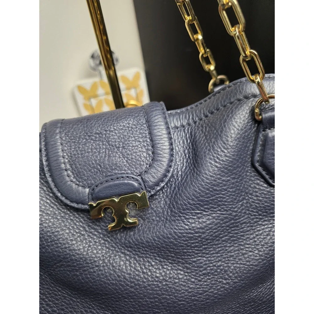 Tory Burch Link-Chain Shoulder Tote Bag Navy Blue Pebbled Leather Gold Large